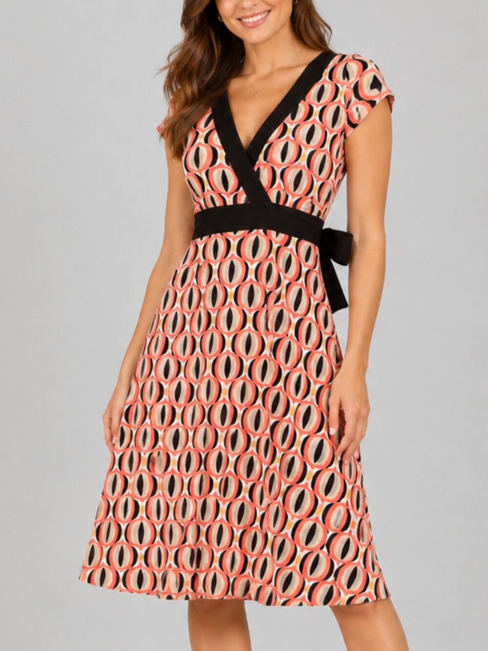 Dressbarn Women's Size 8 Retro Mod Geometric Midi Dress Tie Waist Cap Sleeve
